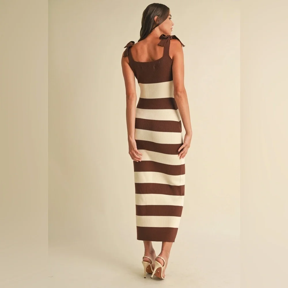 Endless Blu Shoulder Tie Stripe Sweater Knitted Midi Dress - Picture 3 of 4